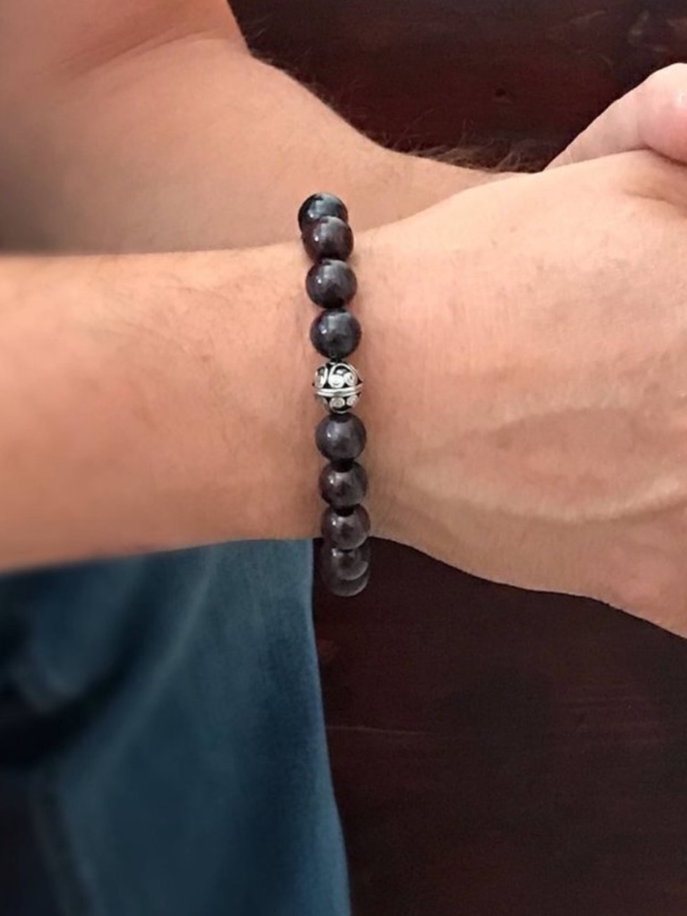 Burgundy Jasper Gemstone Beaded Stretch Bracelet Sterling Silver Unisex - 10mm